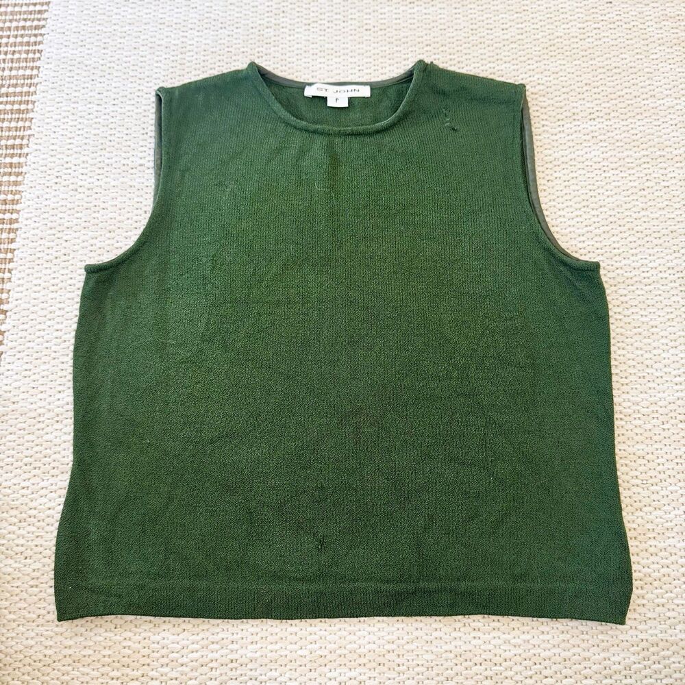 St. John Knit Sleeveless Shell Top Women's Petite Green Santana Knit Side Zip